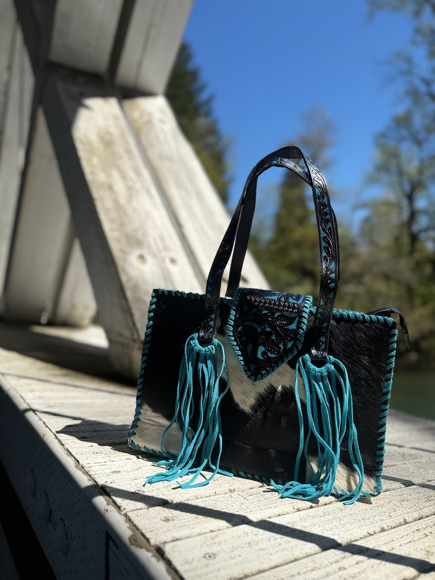 Turquoise Cowhide tote bag