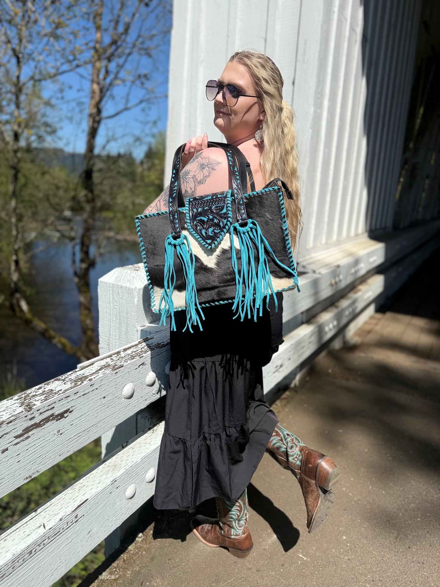 Turquoise Cowhide tote bag