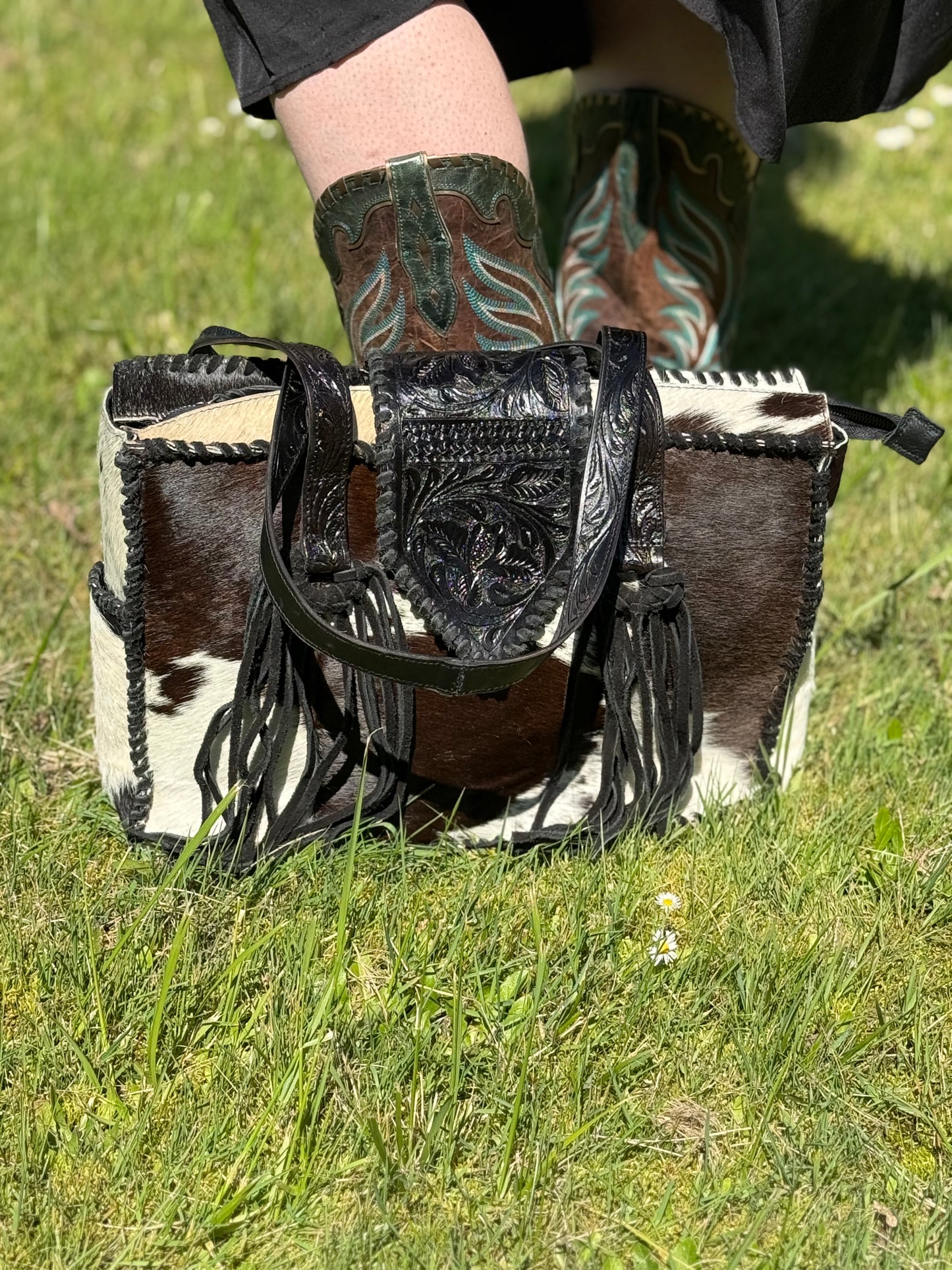 Brown cowhide tote bag