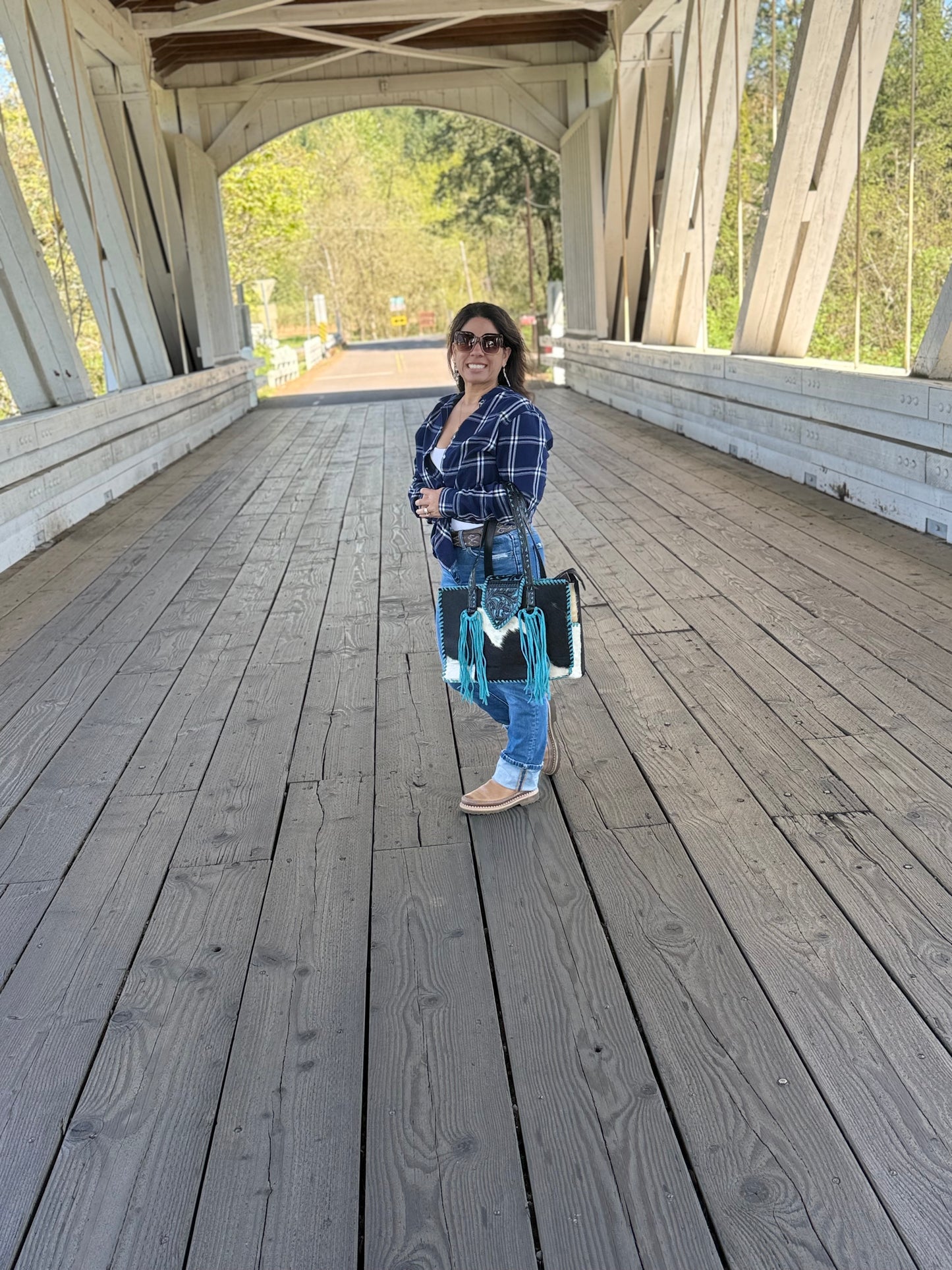 Turquoise Cowhide tote bag