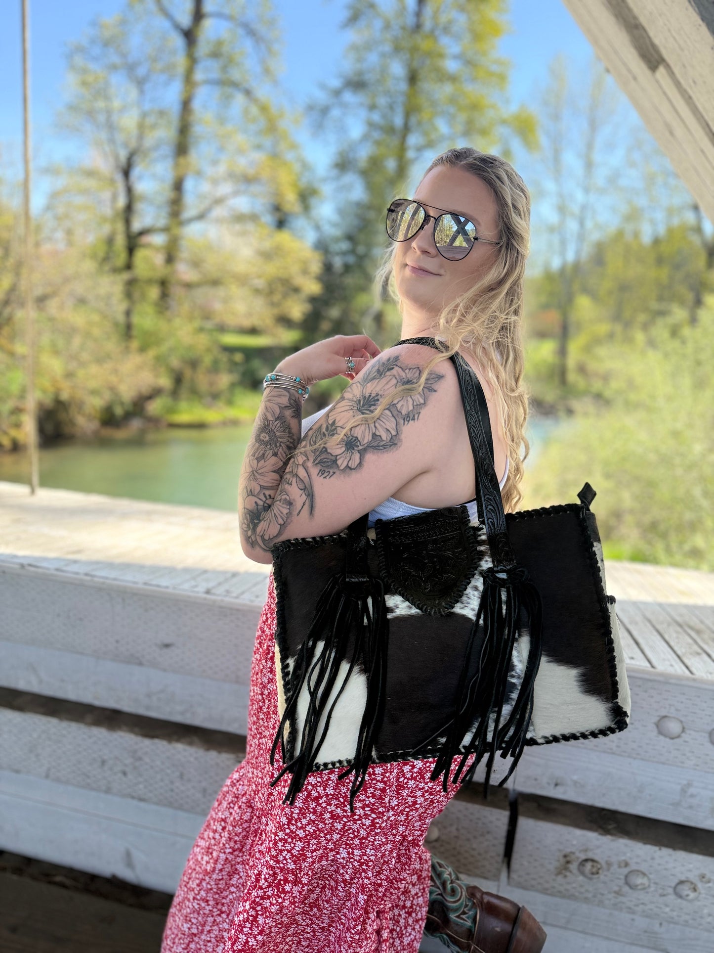 Brown cowhide tote bag