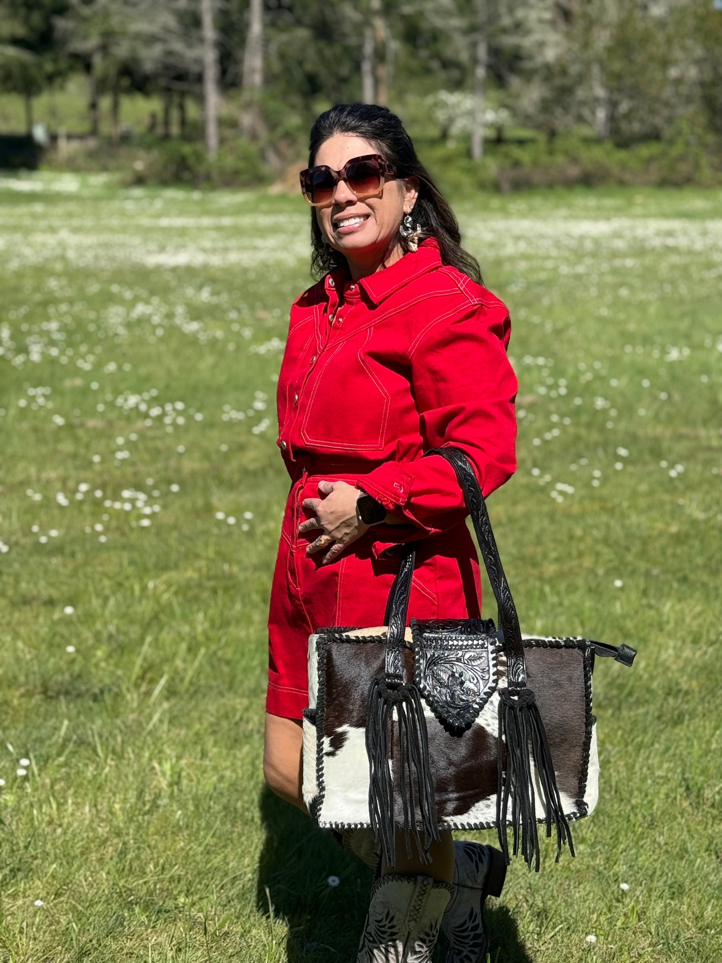 Brown cowhide tote bag
