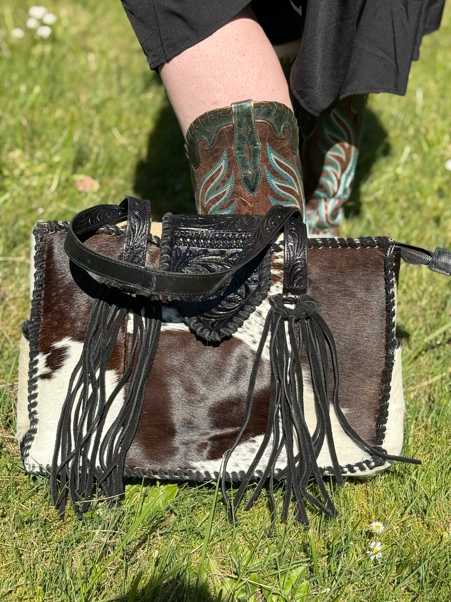 Brown cowhide tote bag