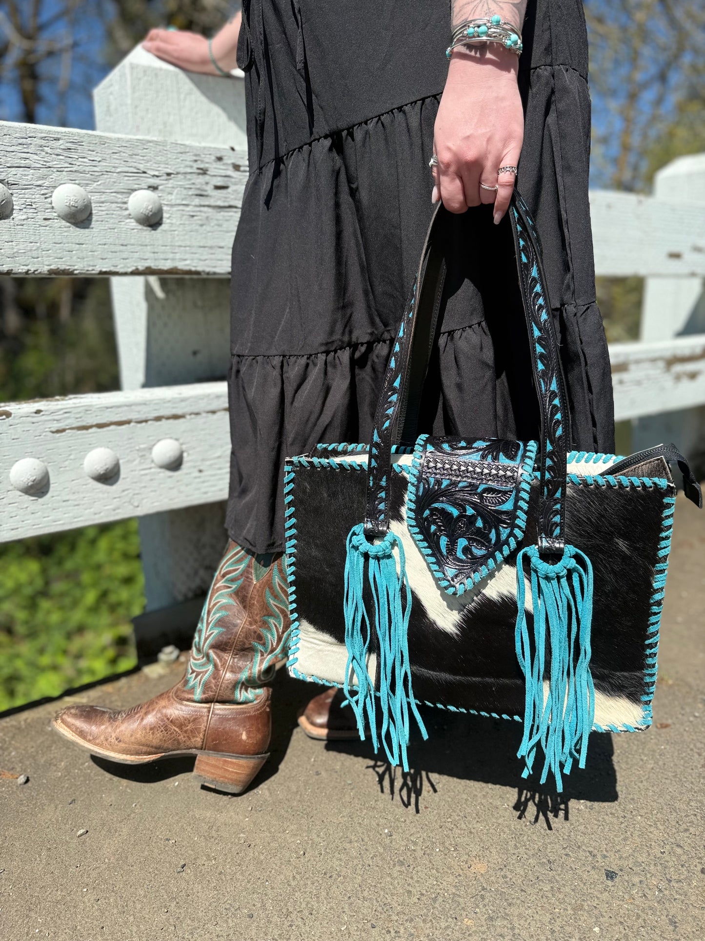 Turquoise Cowhide tote bag