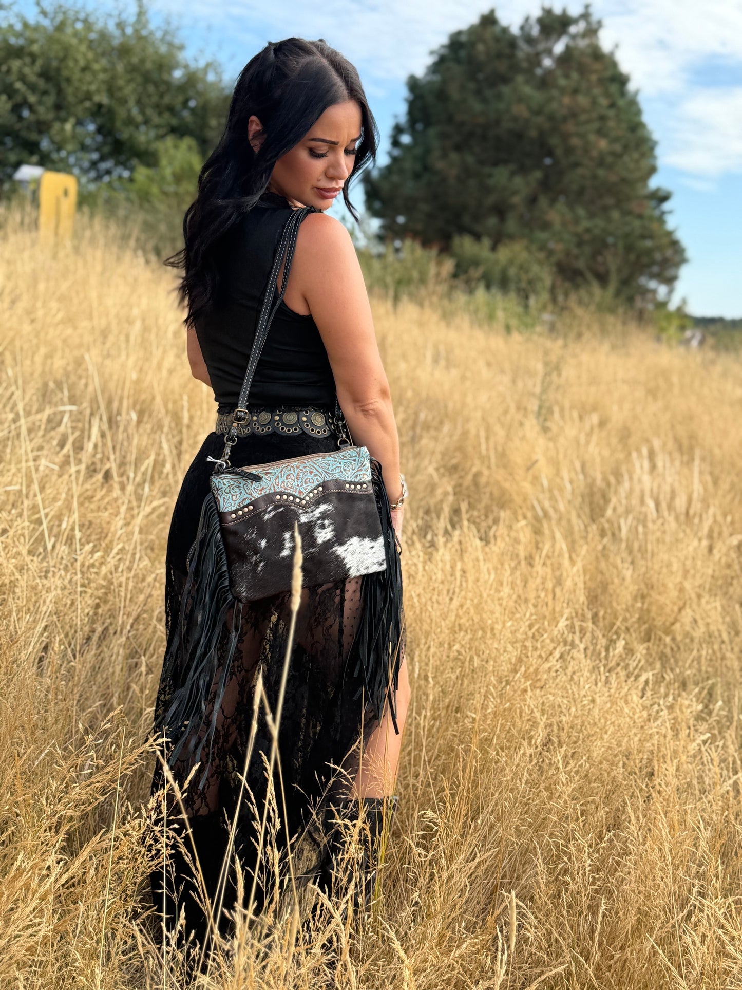 Myra exotic azure fringe crossbody