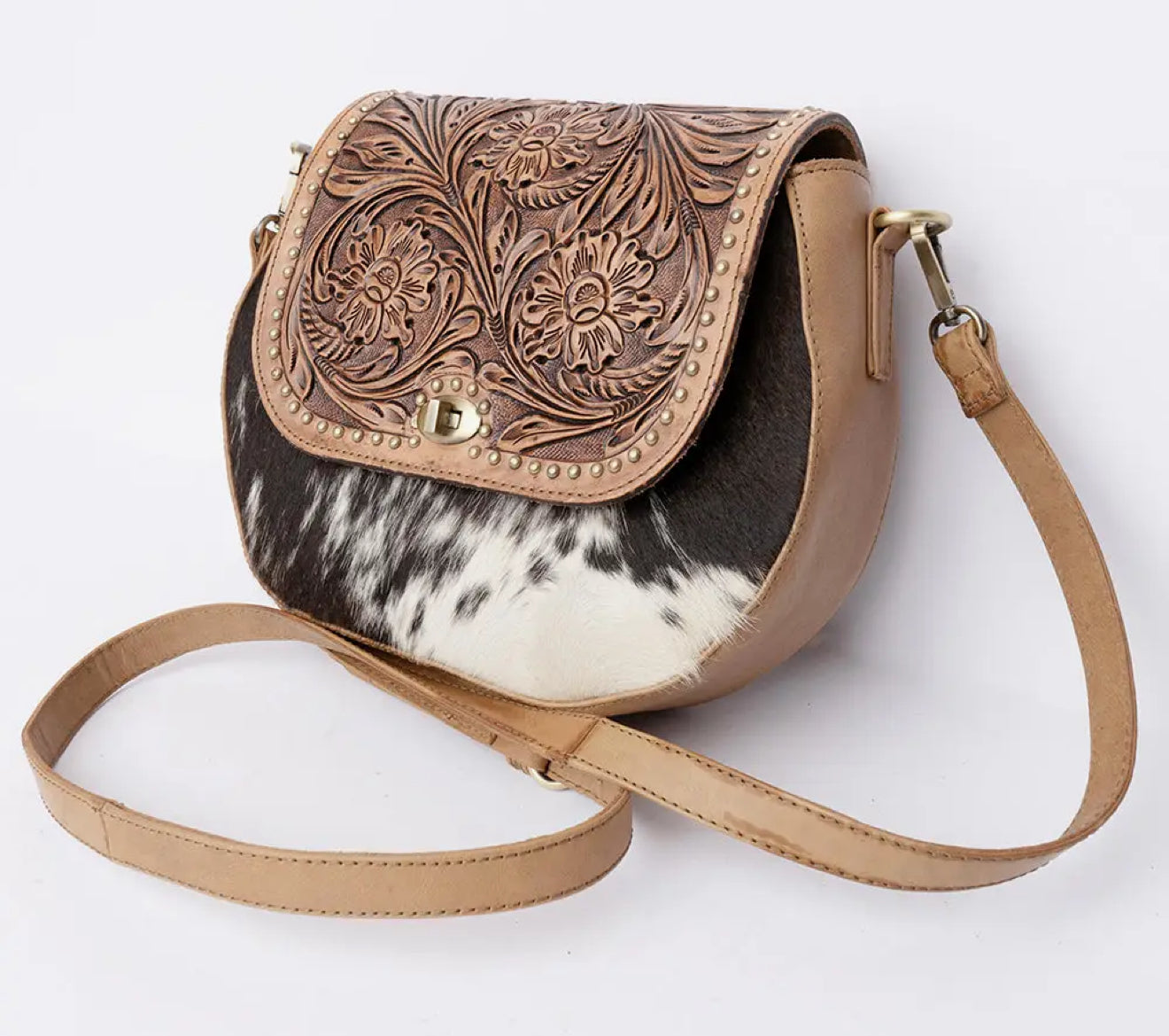 Crossbody leather tooled bag